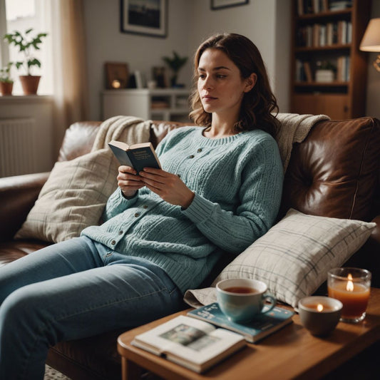 Woman using a heating pad on her abdomen while sitting on a couch, with tea and a book nearby.