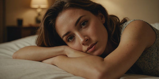 Woman lying on a bed, looking relaxed and content, with soft, warm lighting creating a comforting atmosphere.