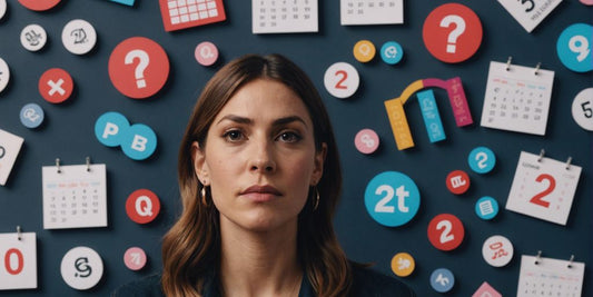 Transgender woman with questioning expression, surrounded by menstruation icons like calendar, pads, and question marks.