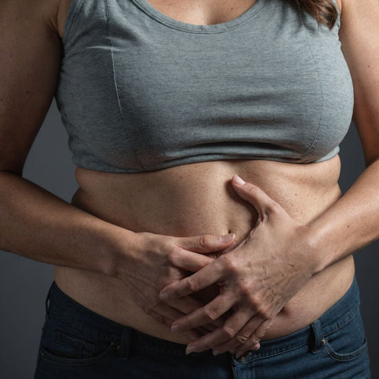 Woman clutching stomach in discomfort