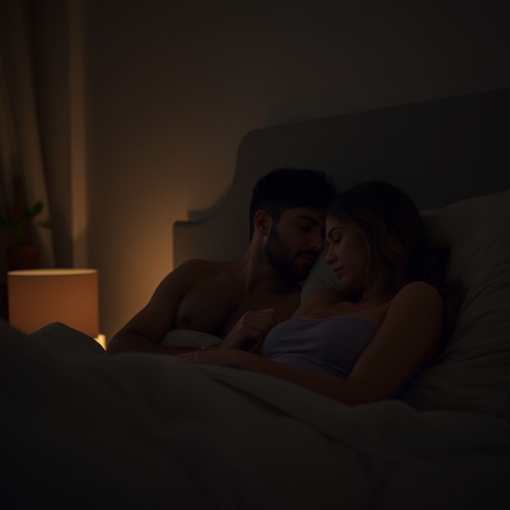 Couple in cozy bedroom, intimate and connected.