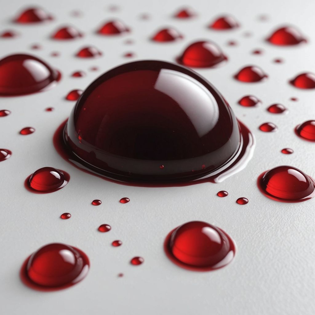 Close-up of period blood droplet on white surface.