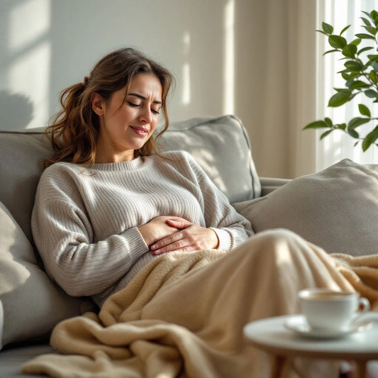 Woman holding her stomach, looking uncomfortable on couch.