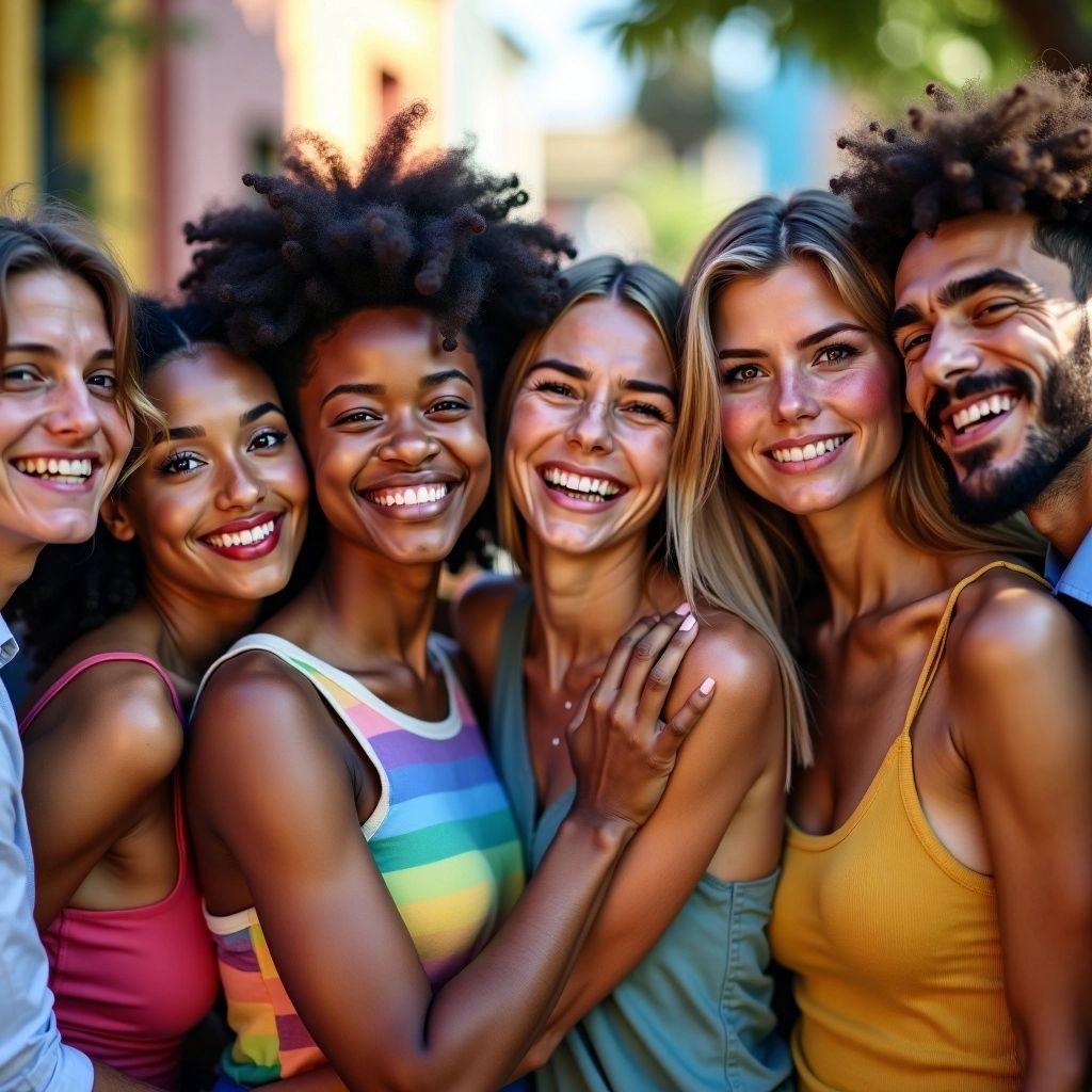 Diverse LGBTQIA group embracing and smiling