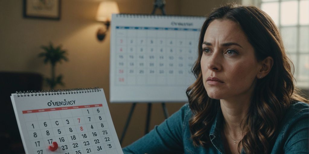 Woman puzzled with calendar and question marks, symbolizing confusion about ovulation and pregnancy.