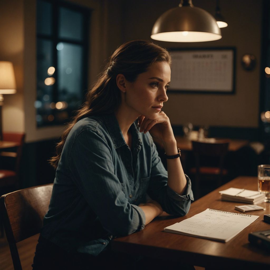 A woman in a dimly lit room, looking contemplative, with a calendar marked with dates in the background.