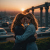 Two women hugging at sunset, symbolizing sisterhood and support.