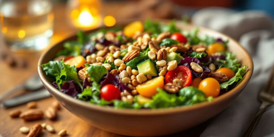 Colorful salad bowl on a wooden table with water.