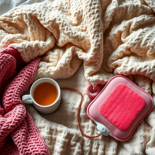 Cozy scene with tea and heating pad for comfort.