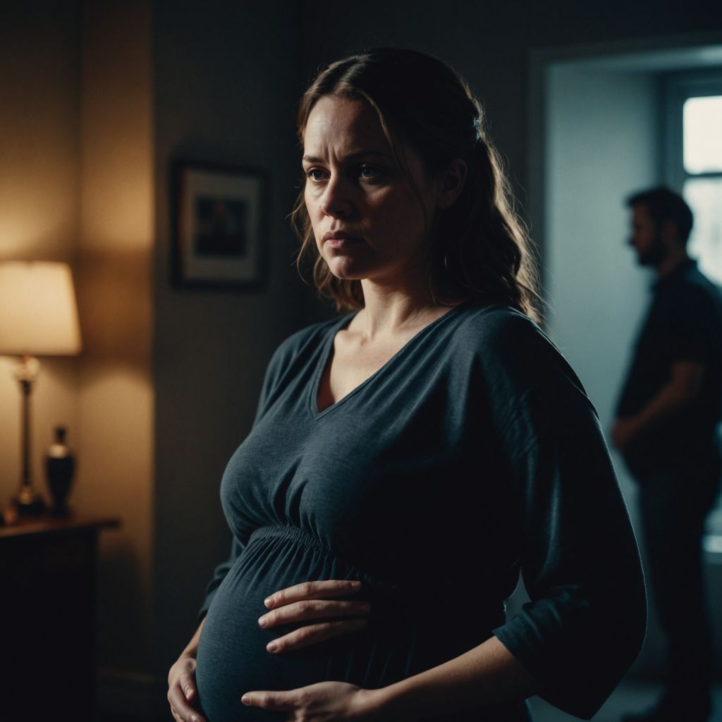 Anxious pregnant woman with shadowy figure representing fear.