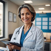 Dr. Bala, a middle-aged female doctor, smiling in a clinic, holding a clipboard with medical charts.