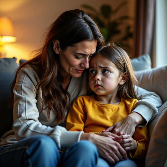 Mother comforting anxious daughter on a cozy couch.