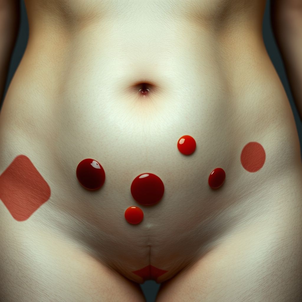 Close-up of woman's lower abdomen with period blood colors.