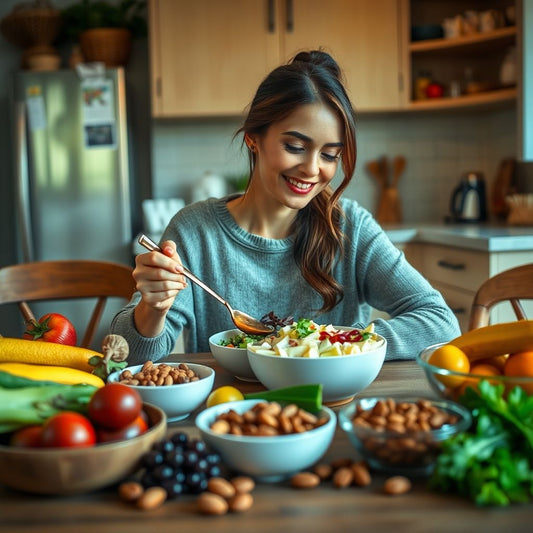 Woman eating healthy food in cozy kitchen