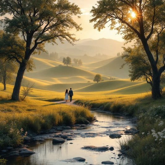 Couple walking in a tranquil landscape at dawn.