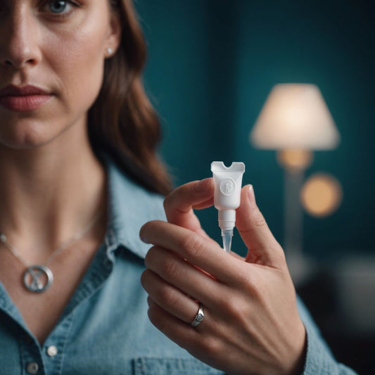 Woman holding a menstrual cup with a crossed-out tampon symbol, promoting the switch from tampons to menstrual cups.